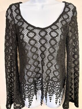 CROCHET SHEER WHIMSYGOTH Black Scoop Neck Floral Fringe Long Bell Sleeves S/M